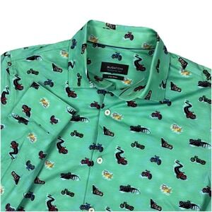Bugatchi Shirt Mens Medium Green OoohCotton Tech 8 Way Stretch Motorcycle Print